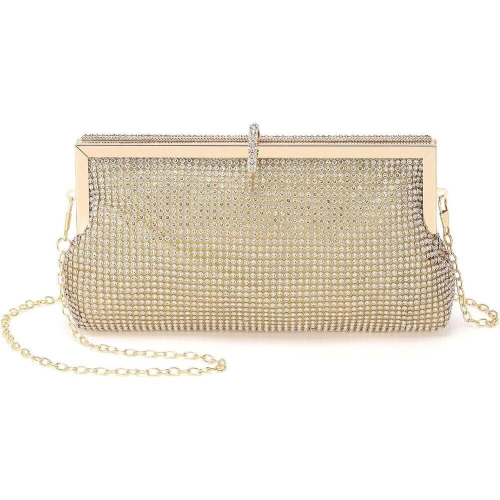 🆕Women Gold Polyester Crystal Rhinestone Evening Clutch Purse Crossbody Handbag